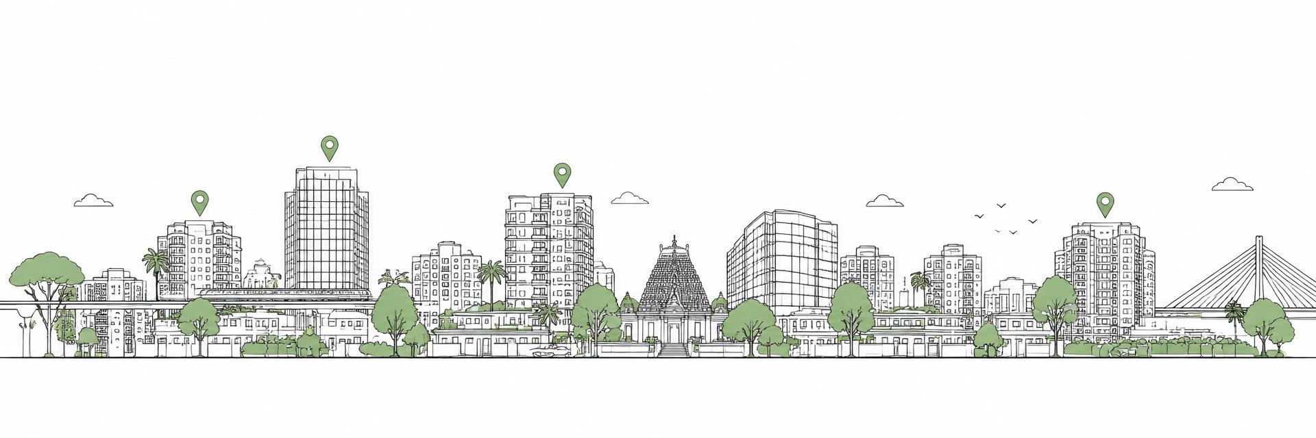 Line illustration of an Indian city skyline with growth markers
